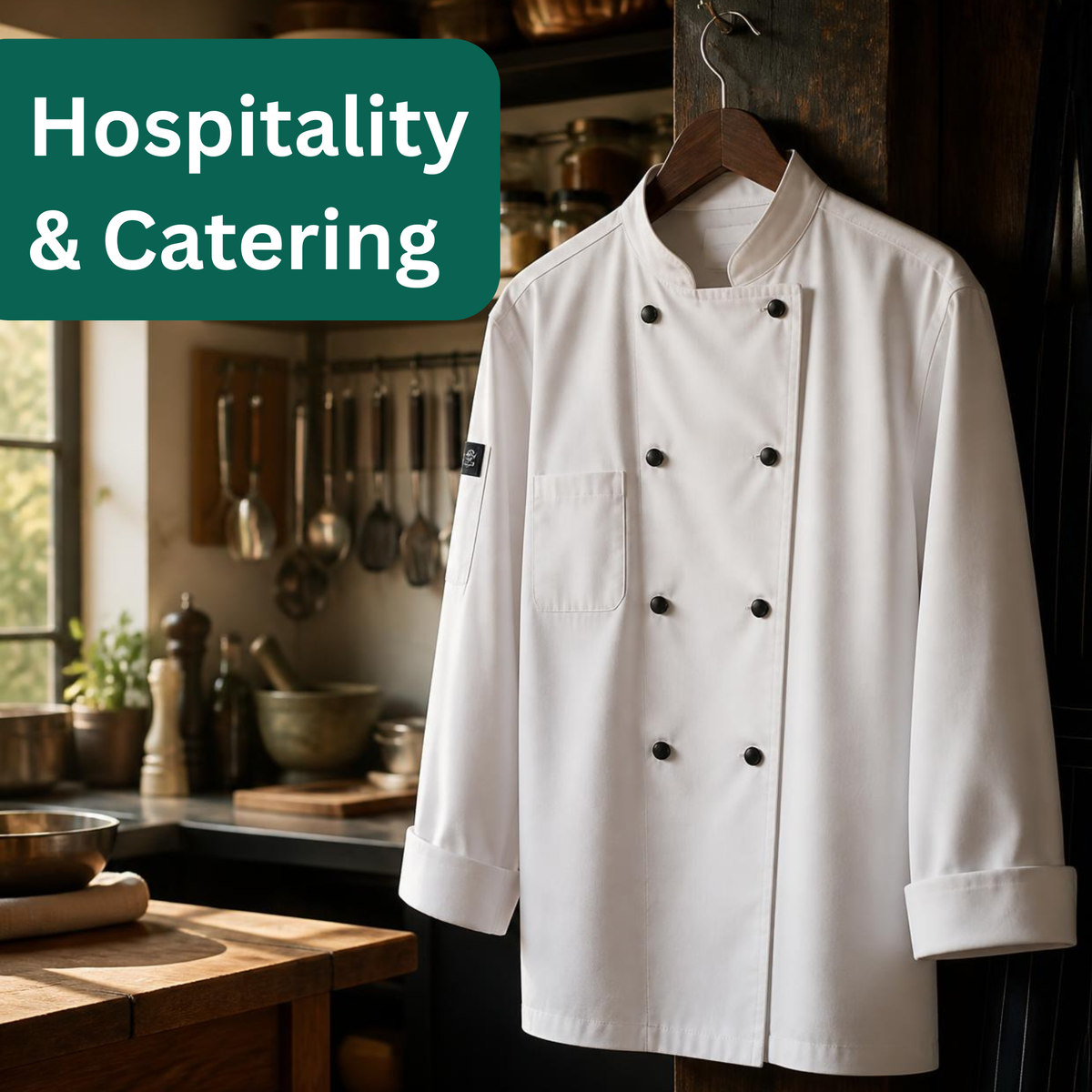 Hospitality and catering uniform - white chef jacket hanging in a professional kitchen