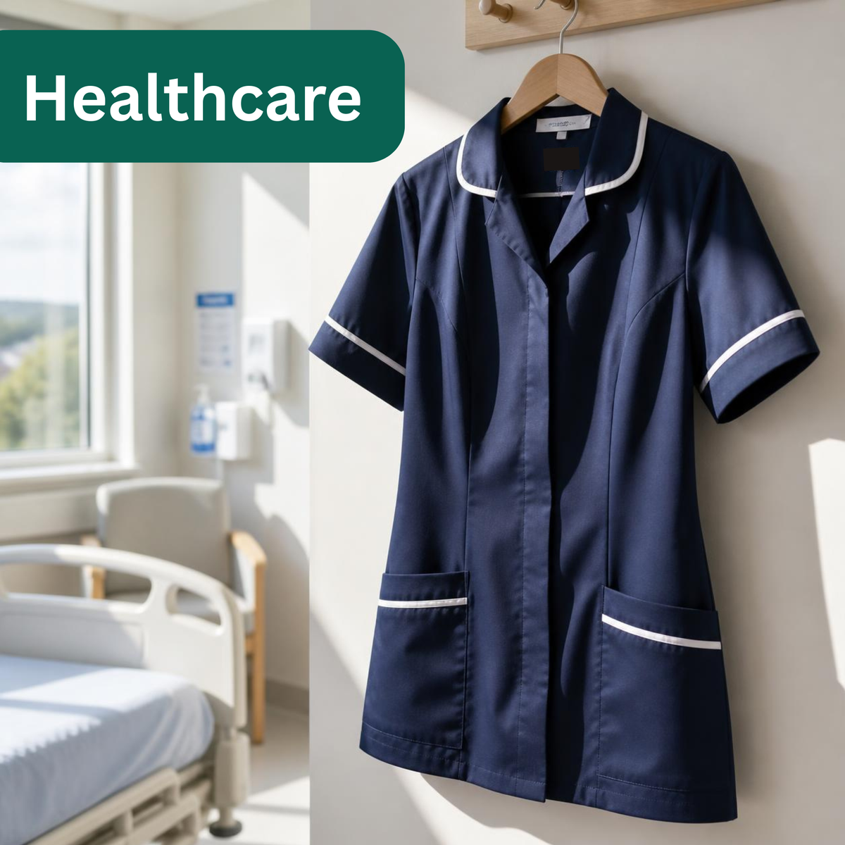 Healthcare uniform - navy blue tunic hanging in a hospital room