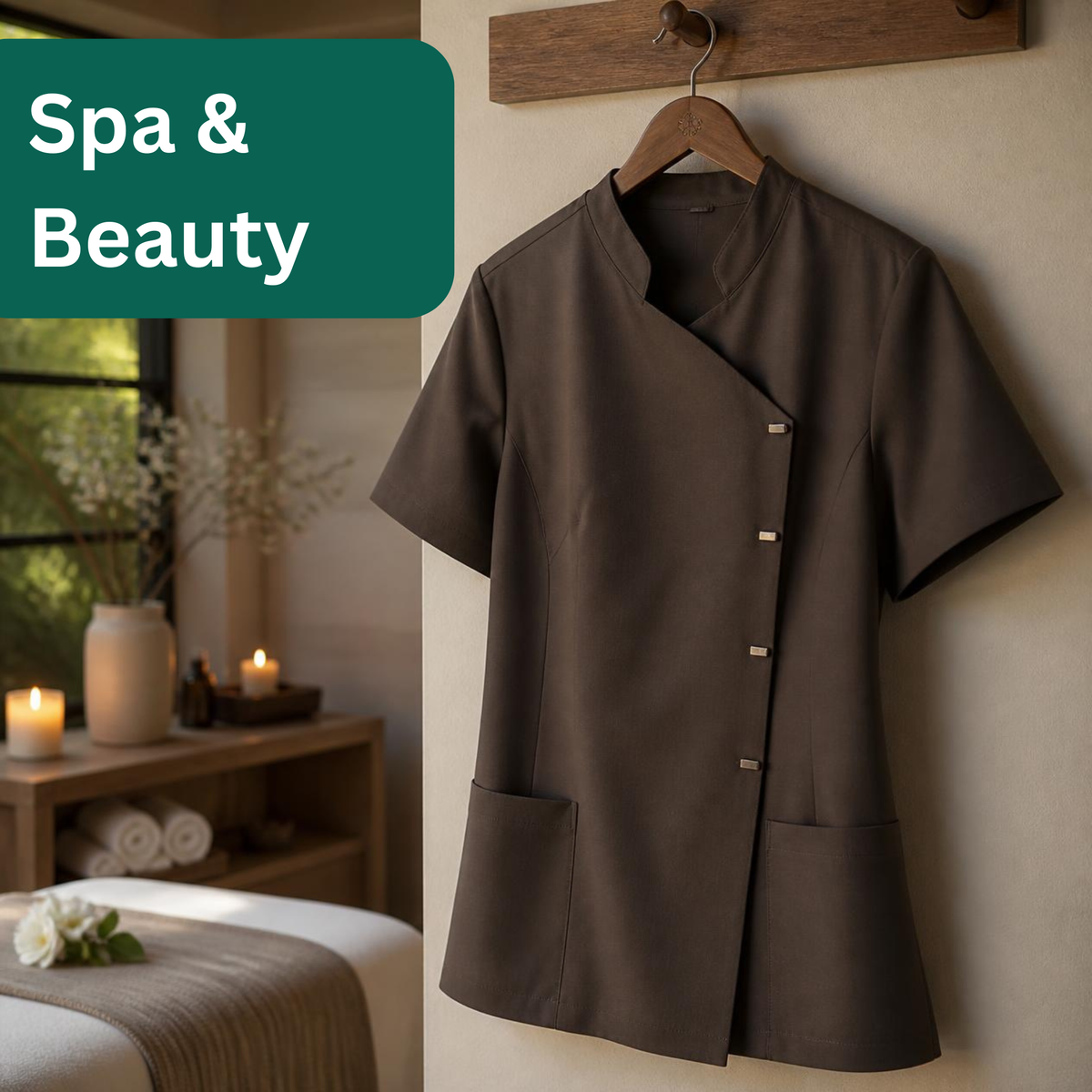 Spa and beauty uniform - brown tunic hanging in a spa treatment room
